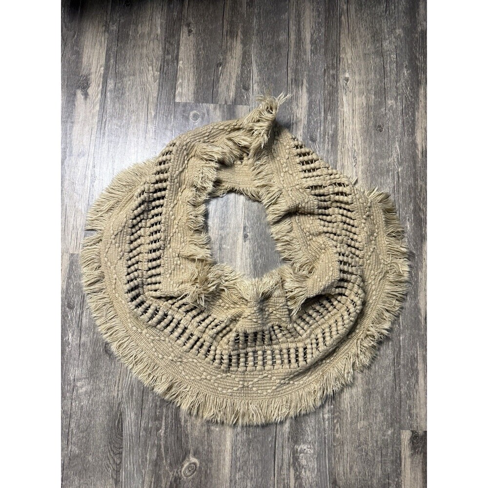 Boho Macrame Infinity Scarf Tan Fringe Chunky Knit Cowl Wrap Festival Neutral
